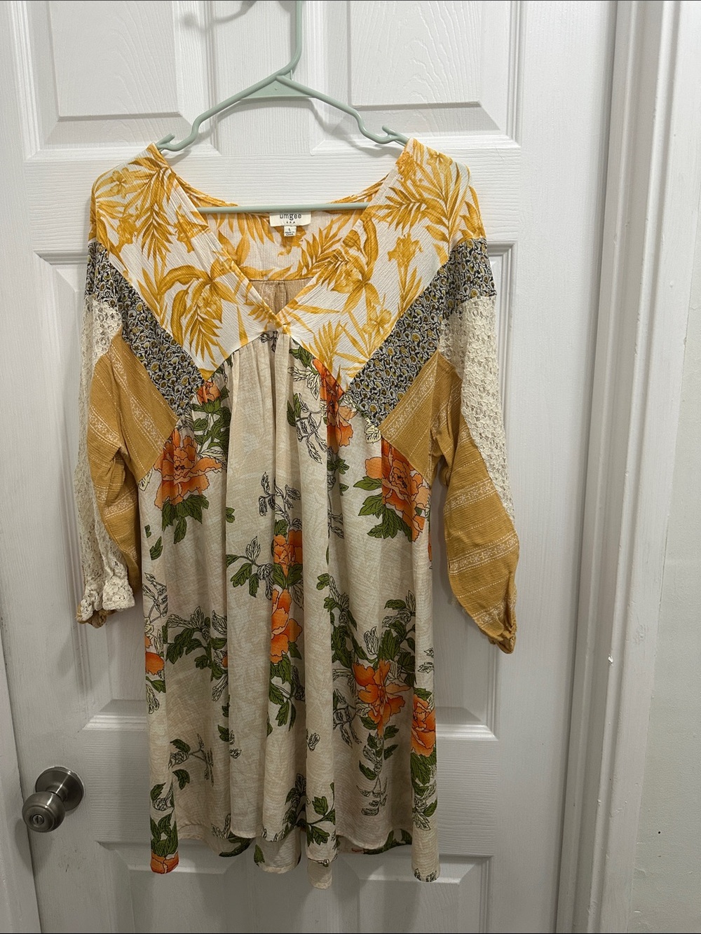 Umgee Mustard, Orange and Cream Floral Patchwork Dress